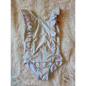 Ruffle Butts girls size 5 pastel striped one piece swimsuit with bow back detail